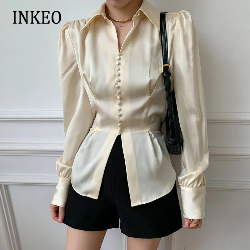 

Sexy Women Puff sleeve Blouse clothing Spring Summer Beige Satin Bow hollow out Female Slim shirt TOPS 2022 Newest INKEO 2T026