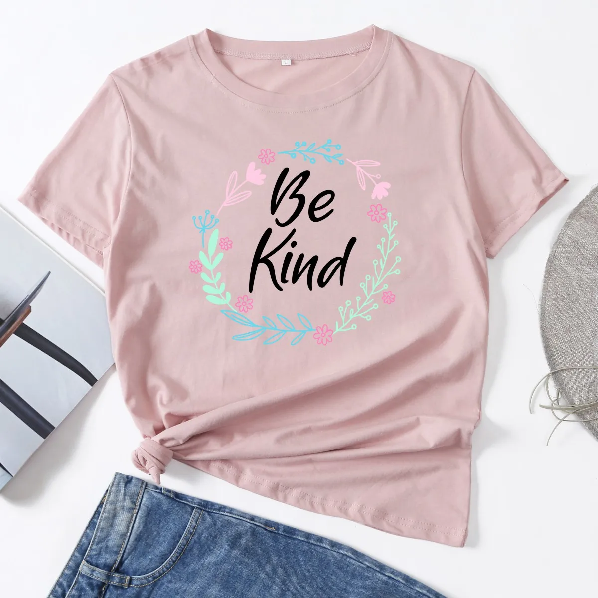 

Be Kind Flower Floral Kindness Woman T-Shirt Short Sleeve T-Shirts Summer Tops for Women Cotton Graphic Tee Female Shirt Clothes