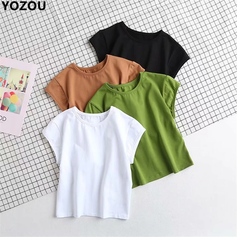 Женский топ с коротким рукавом облегающий однотонный белый зеленый черный