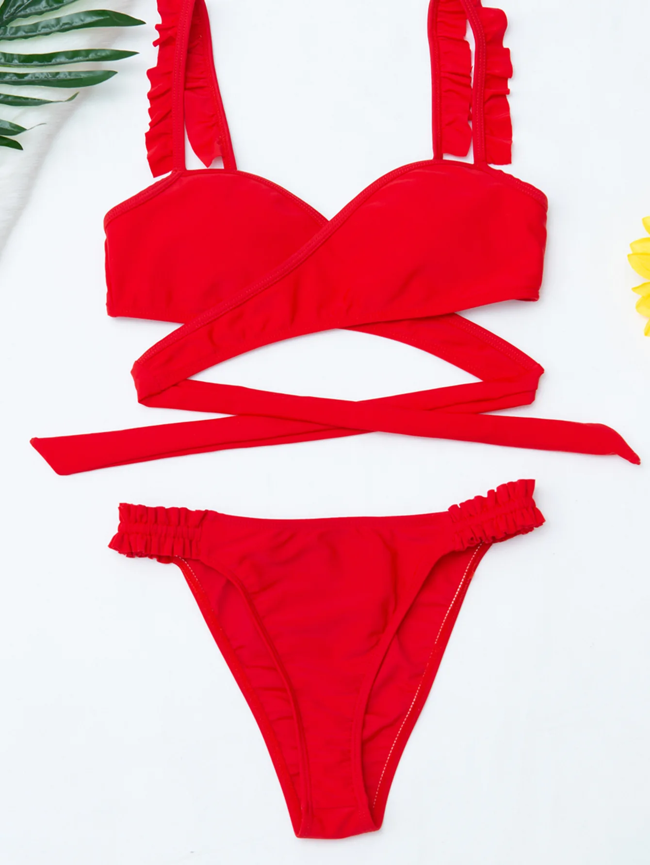 

2021 Sexy One Piece Swimsuit Push Up Swimwear Women Halter Solid Color Ruffle Monokini Swimsuit Bodysuit Bathing Suit Swim Wear