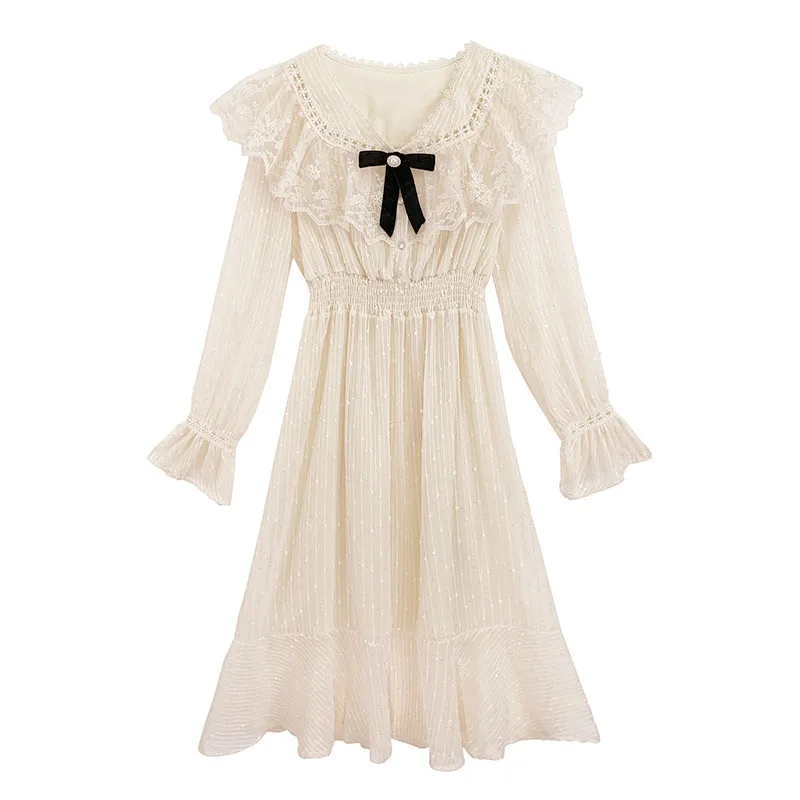 

Женское винтажное вечернее платье, однотонное элегантное праздничное платье с кружевным бантом, корейская мода, осень 2021