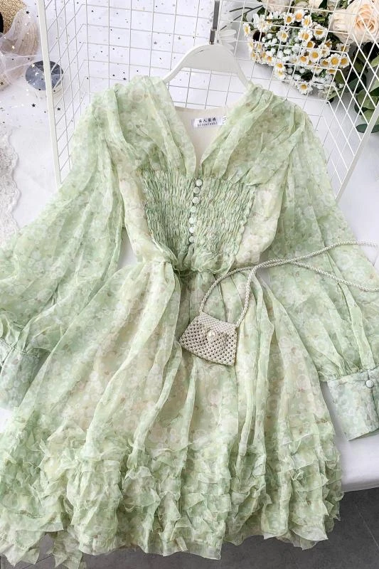 

2019 new fashion women's Chiffon Floral French Vintage Sweet Dress