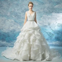 2020 new arrival lace ball gown wedding dress ruffles tiered organza court train chic v neck bridal dresses with crystals sashes
