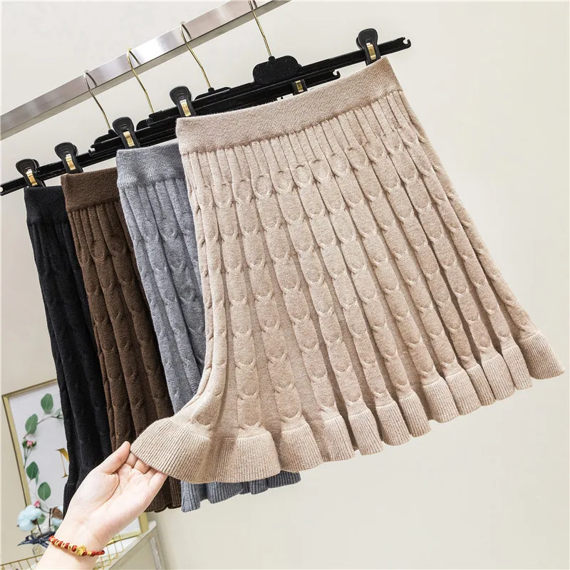 Зимняя крученая Вязаная кашемировая короткая юбка клеш плотная теплая вязаная