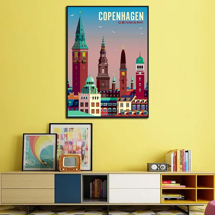 Копенгаген Дания город путешествия плакат мультфильм архитектура здание холст
