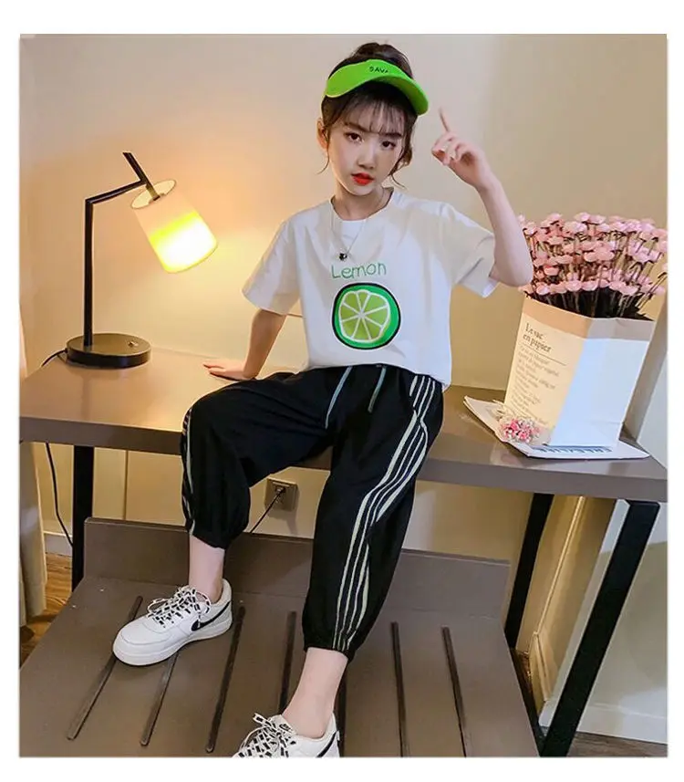 Комплект летней одежды для девочек-подростков футболка с лимонным узором + штаны