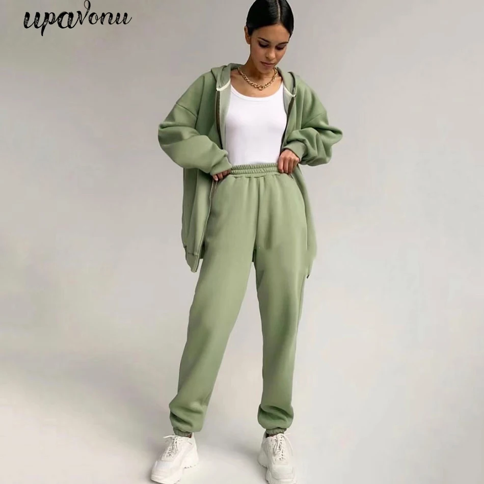 

Free Shipping 2021 Autumn Women's Loose Sportswear Suit Casual Front Zipper Hooded Jacket & Elastic Trousers Two-Piece Set