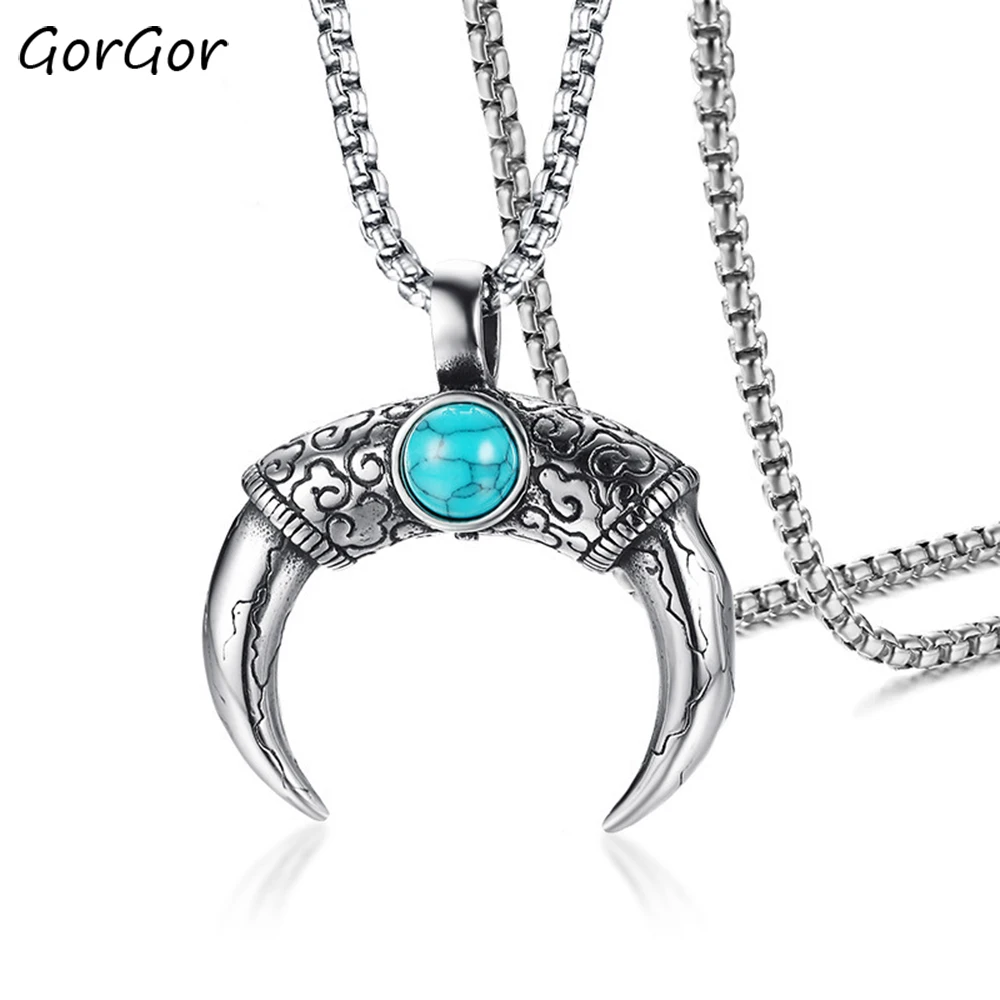 

GorGor New Arrivals Simple Solid Color Stainless Steel Rhinestone Horn Pendant Necklace for Fashion Men Jewelry Gift PN-1000