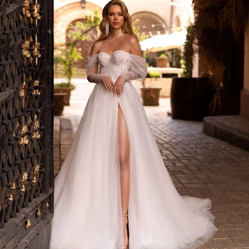 

YiXuan White High Slit Princess Tulle Long A-line Appliqued Off Shoulder Backless Weeding Dress Special Occasion 2021 Beach New