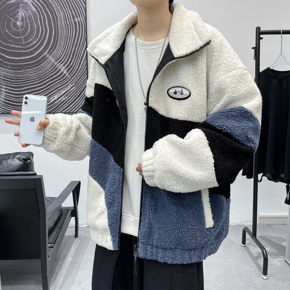 Covrlge Men Brand Jacket Winter Fleece Warm 3 Color Splicing Streetwear Hip Hop Slim Fit Lamb Wool Jackets Mens Clothing MWM125