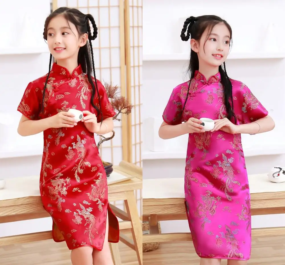 Lovely Girls Silky Satin cheongsam Dress Cute Princess Girls Dresses Kids Party Ball Gown Dress New Year cheongsam Clothing