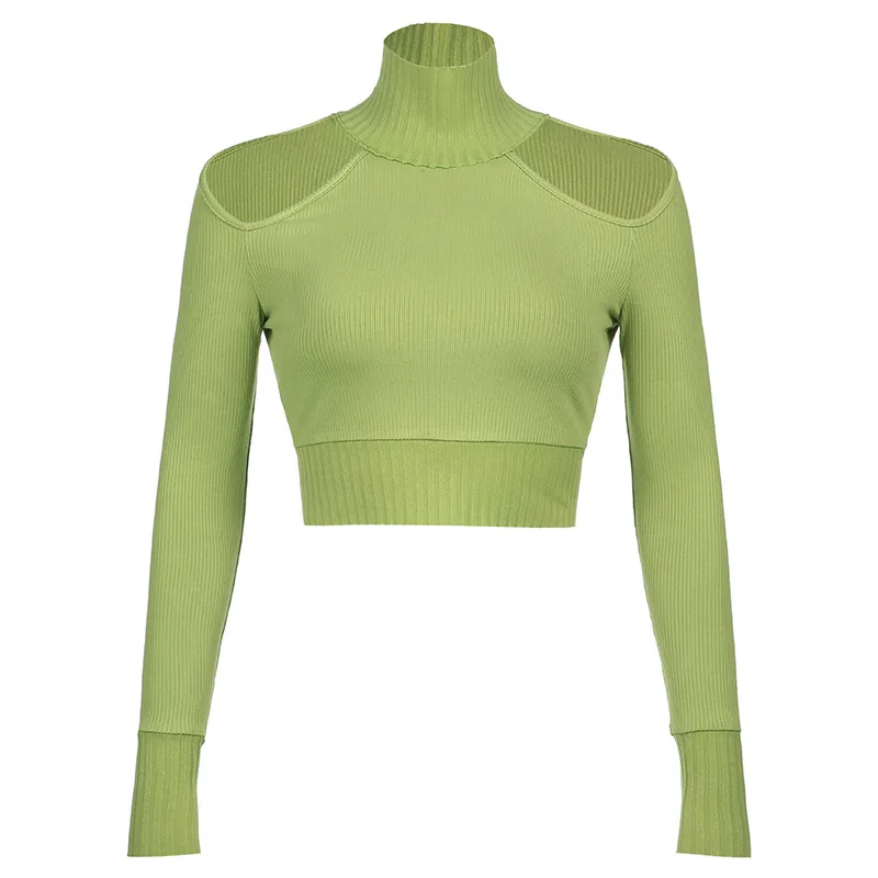 

Woman Cut Out Sexy Backless Lace Up Tshirts All-Match Turtleneck Ribbed Knitted 90s Tops Y2K Aesthetic Long Sleeve Fall Tees