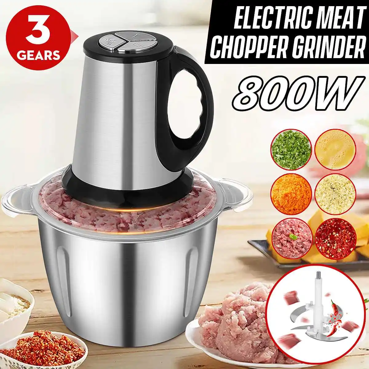 

800W 3L Stainless Steel Meat Grinder Mixer Blender 3 Speed Electric Chopper Household Automatic Mincing Machine Food Processor