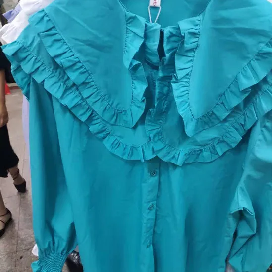 

2021 Elegant Women Peter Pan Collar Shirts Female Fashion Long Sleeve Ruffles Blouse Tops Casual Loose Solid Color Blouses Q365