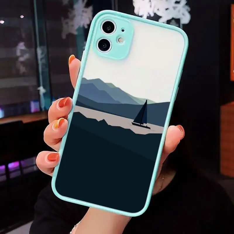 

Hand Painted Landscape Phone Case For iPhone 12 11 Mini Pro XR XS Max 7 8 Plus X Matte transparent blue Cover