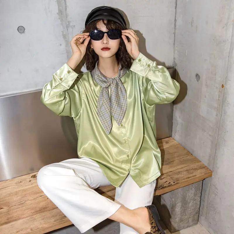 CHEERART Fall Green Satin Blouse Long Sleeve Tie Neck Button Up Shirt Ladies Top Glitter Blouses Shirts 2019 Clothes | Женская одежда