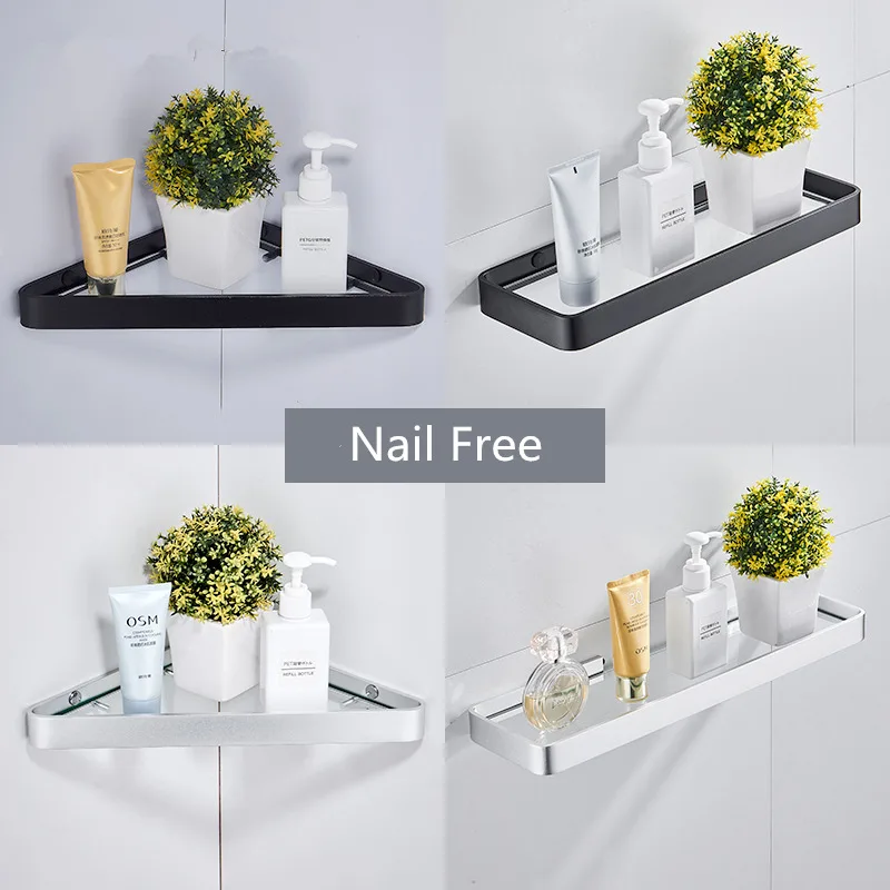 bathroom shelf bath shower shelf nail free glass shelf satin bathroom corner shelf 25 50cm aluminum kitchen storage holder free global shipping