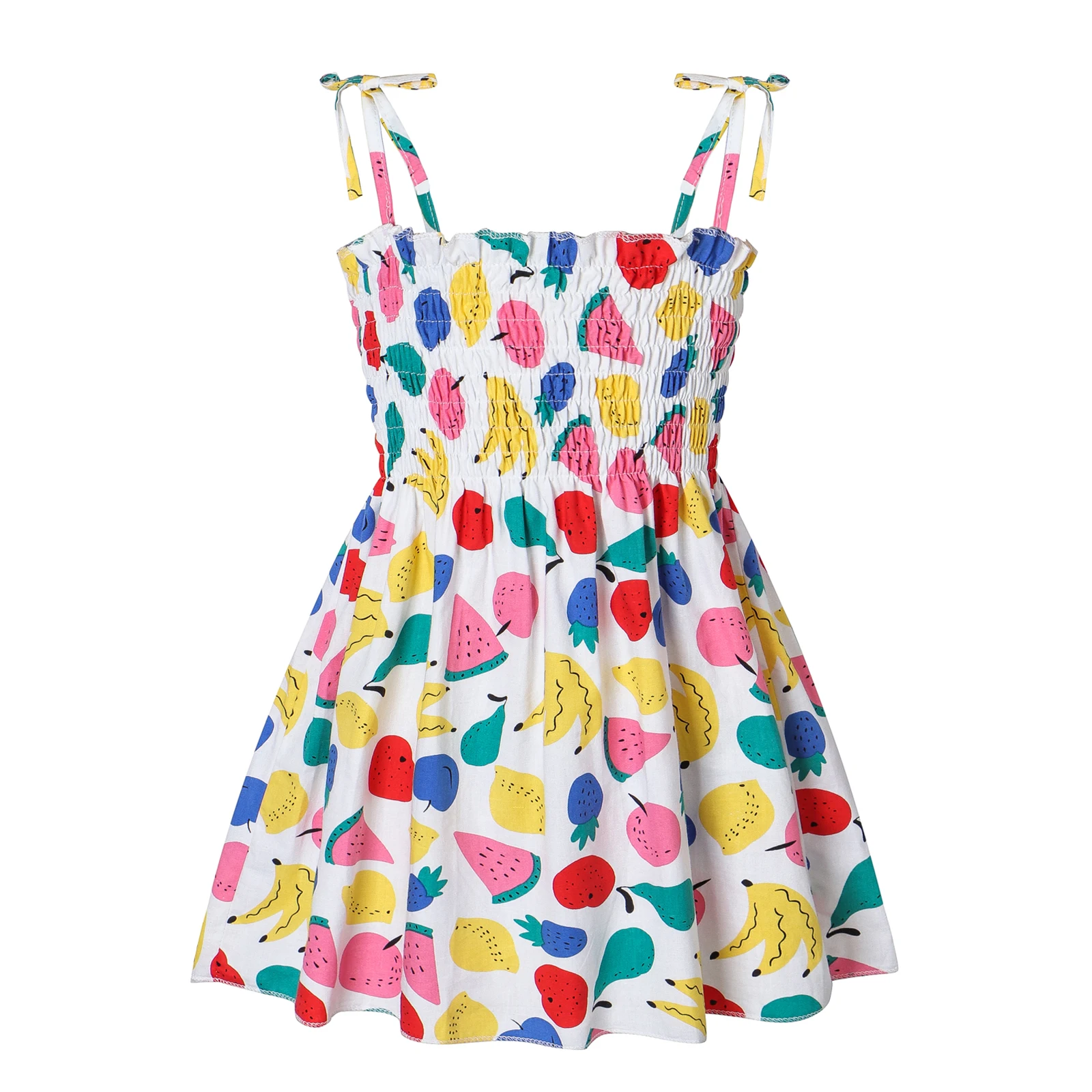 

2021 Little Girls Summer Smocked Dress, Cute Sing Sleeveless Cartoon Fruit Print A-line DressSelf-Tie Spaghetti Strap