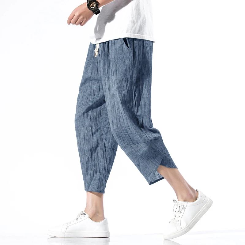 

2020 Mens Cotton Linen Cropped Cross Pants Summer Men Wide-Legged Bloomers Calf-Length Trousers Male Chinese Style Harem Pants