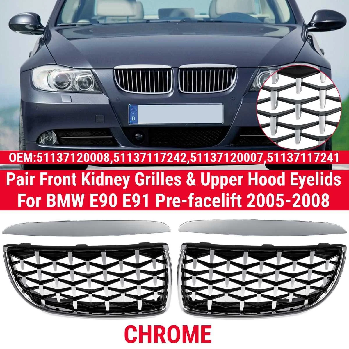 

Car Pair Diamond Style Meteor Front Hood Kidney Grilles Upper Hood Eyelids For E90 E91 2005-2008 Racing Grills 3 Series