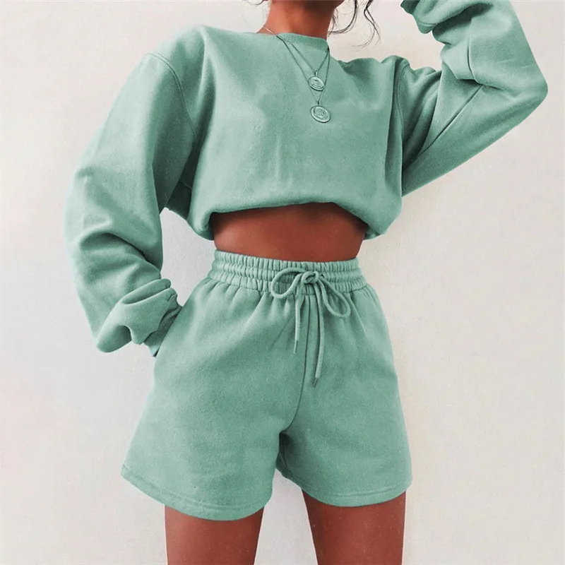 

Shorts 2 Piece Set Women 2021 Autumn Loose Y2k Tracksuit Long Sleeve Cropped Hoodies and Drawstring Shorts Casual Suits