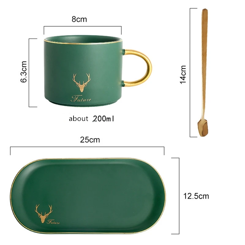 

Light Luxury Elk Ceramic Coffee Cup Oval Saucer with Spoon Set Breakfast Milk Coffee Mug Afternoon Tea Dessert Snack Plate Gifts