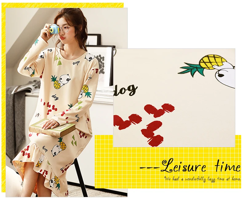Женское белье, пижамы, Женская хлопковая Ночная рубашка на весну и осень, розовая ночная рубашка с длинным рукавом и принтом, свободные, размер, с оборками, Новинка