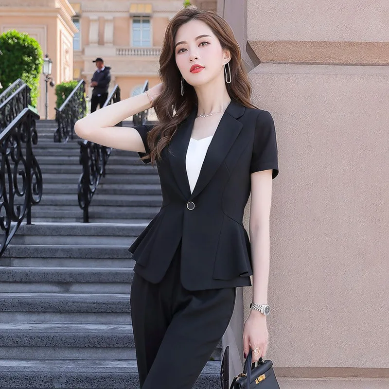 IZICFLY Summer Style New Beige Slim Professional Business Two Piece Blazer Set Women Pants Suit Office Work Wear Black