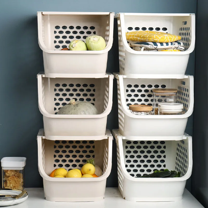 

Storage Basket Thickening Multi-Function Floor Shelf Kitchen Plastic Square Lattice Box Stackable Fruit Vegetable Basket