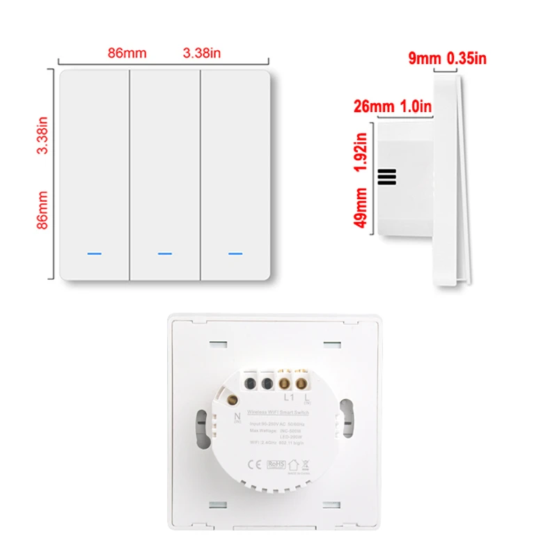 (Без нейтрального) Wi-Fi + RF433 Кнопка освещения настенный выключатель 3-цветный синий
