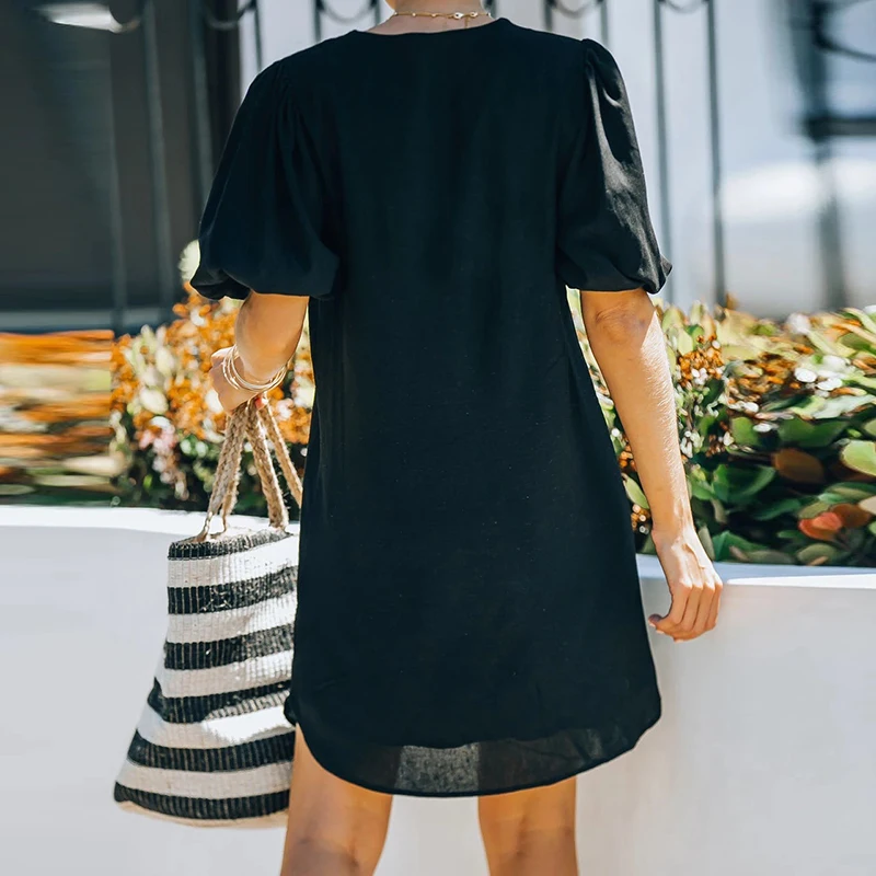 

Summer Women Casual Solid Color Dress Short Puff Sleeve V Neck A-LINE Loose Style Mini Dresses Female Daily Vestidos 2021 New