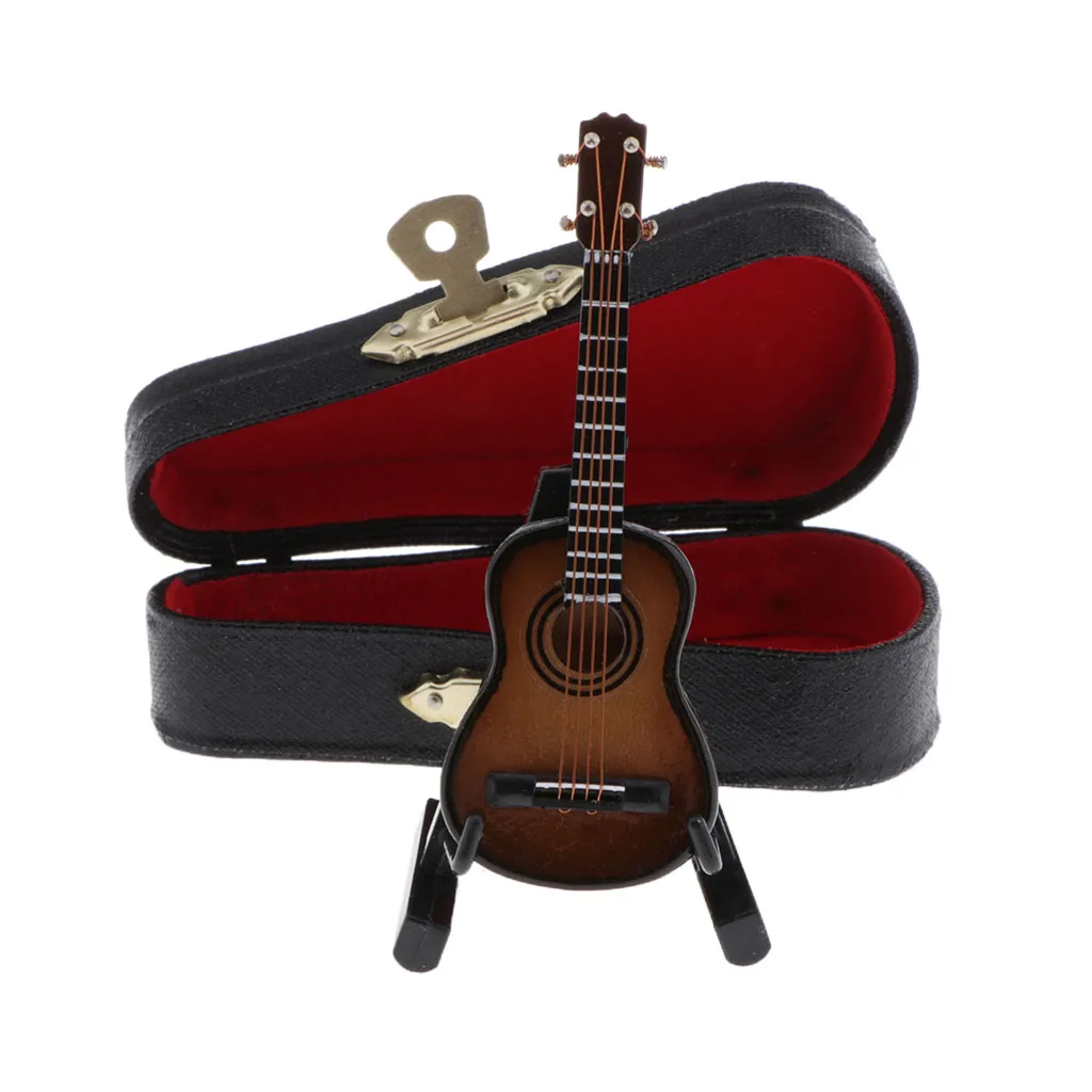 

1/12 Scale Miniature Musical Instrument Wooden Guitar Model with Stand for Doll House Music Room or Fairy Garden Decoration