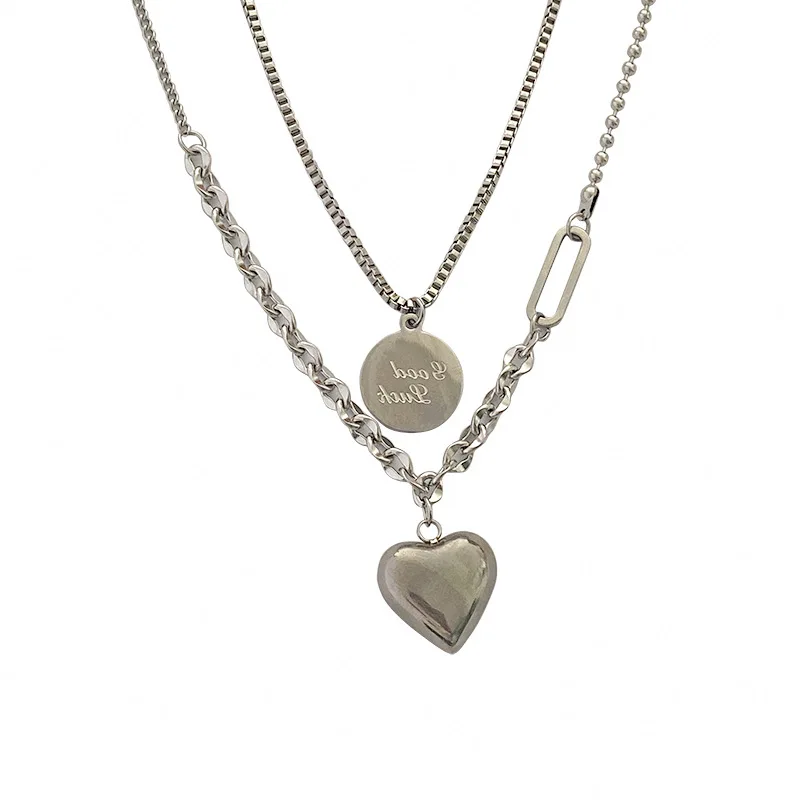

Silver Color Double Layer Chain Female Necklaces Hip hop Geometric Heart Round Sequin Pendant Necklaces Party Jewelry for women