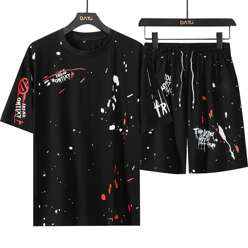 

Men's short sleeve suit T-shirt shorts summer large casual sports suit youth fat loose round neck T-shirt