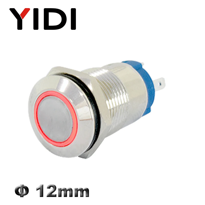 Ring LED Flat Head 12 мм латунный нержавеющий металлическая кнопка переключатель 1NO Выключатель без фиксации Переключатель питания символ включения 12 В 220 В светодиодный выключатель света - Цвет: Ring LED Flat Head