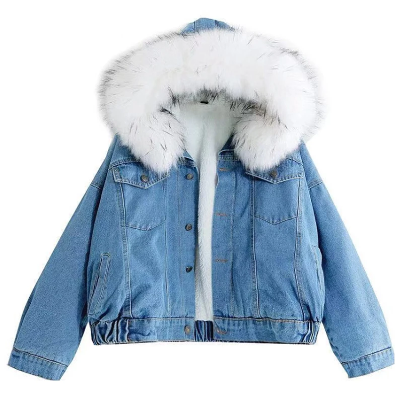 

Fur Collar Denim Jacket and Coats For Women Winter Autumn 2020 Loose Hooded Lamb Wool Cotton Coat Overcoats For Teenager Girls