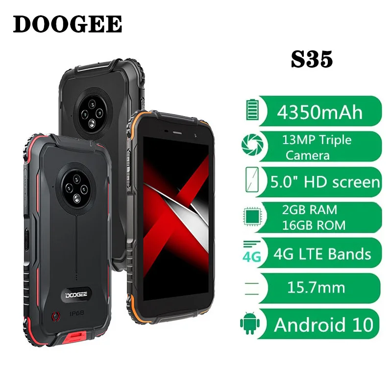 

DOOGEE S35 Rugged SmartPhone Sony 13MP Triple Camera Mobile Phones 360 All-Round Protection 2GB+16GB Cellphone 4350mAh