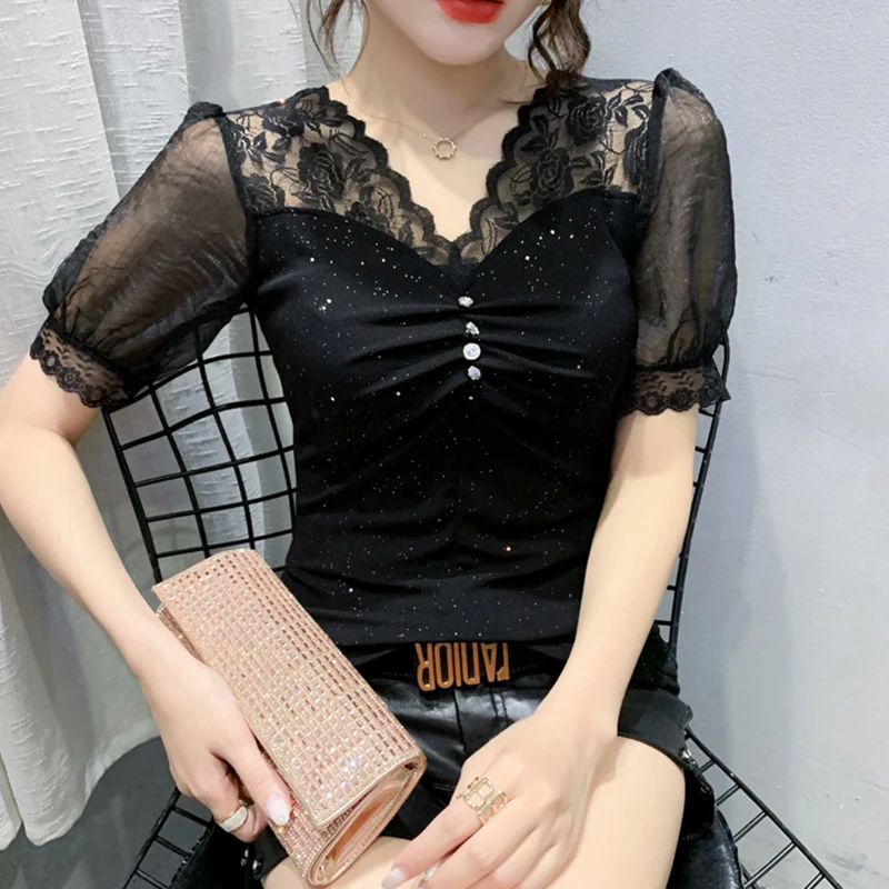 

Women's t-shirt New 2021 Summer Short Sleeve Lace Tops And Shirt Elegant Slim Hollow Out Striped Blusas tees