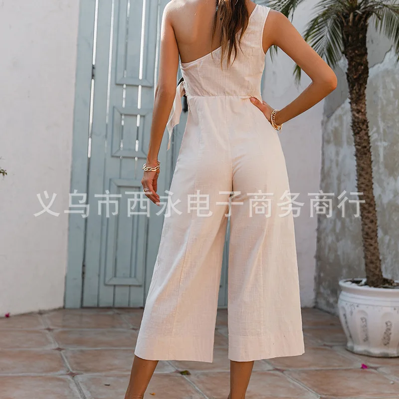 

Women's Solid Color One-Shoulder Slim Fit One-Piece European and American Sexy Socialite Temperament Jumpsuit Cropped Pants