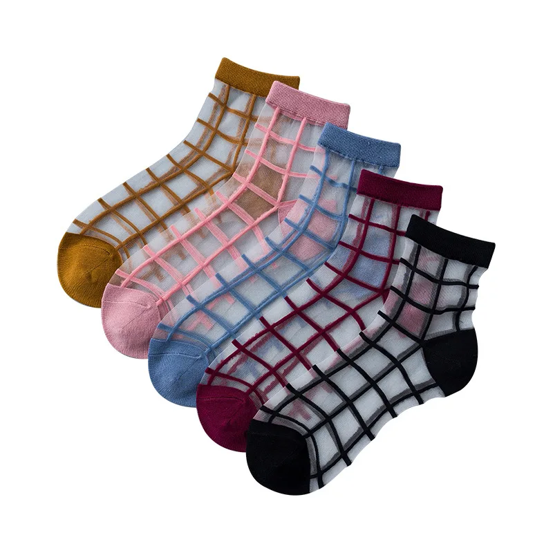 

Creative Harajuku New Product Crystal Silk Tide Socks Thin Women Funny Designer Mesh Gridding Transparent Flower Socks Wholesale