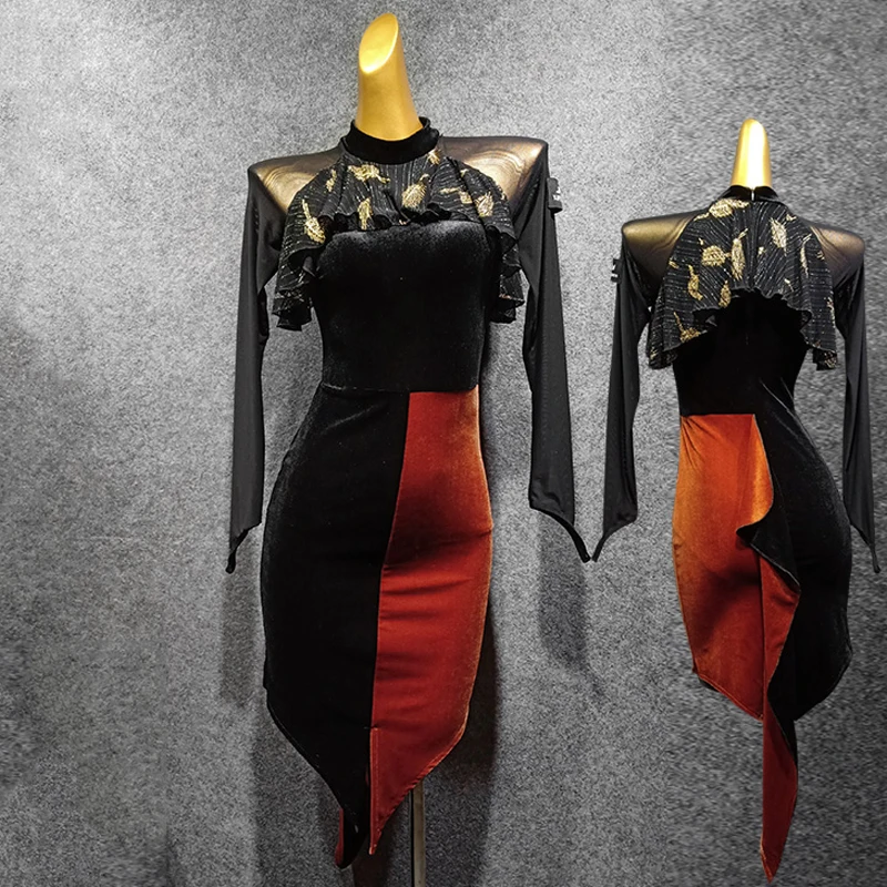 Латинское платье для танцев Женские туфли черного цвета ассиметричной юбкой