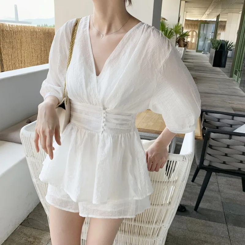 Женские белые длинные рубашки и шорты костюм комплект из 3 предметов блузка с