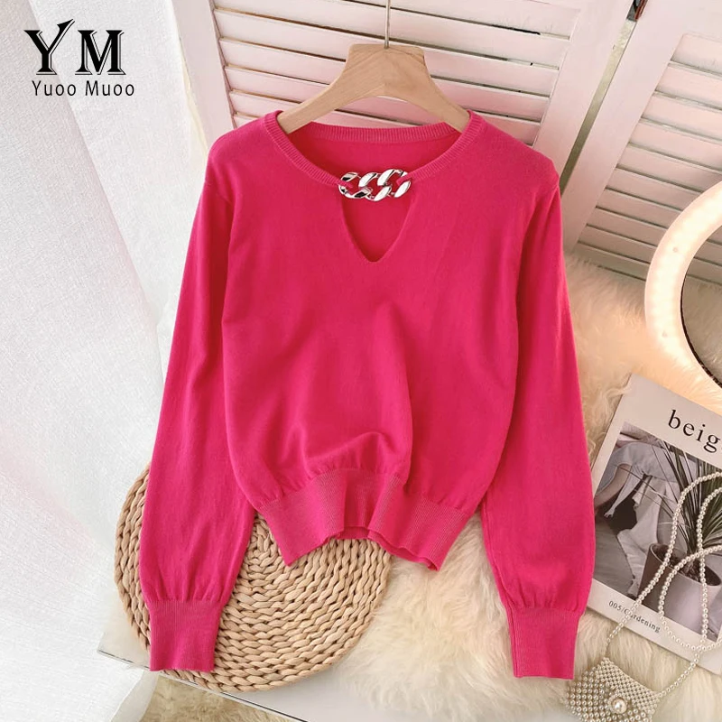 

Осенне-зимний женский свитер YuooMuoo с V-образным вырезом и цепями, повседневные Универсальные однотонные пуловеры, свитер с длинным рукавом, с...