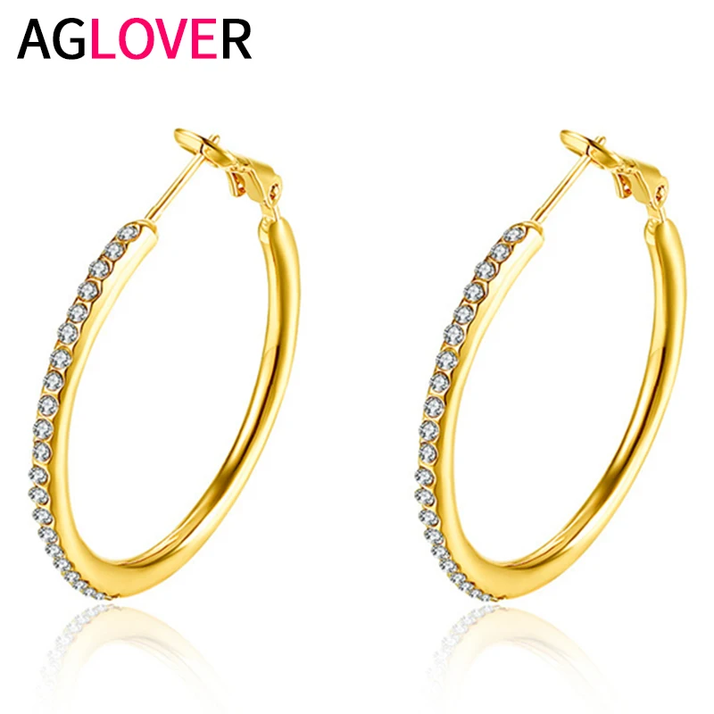 AGLOVER AAA Zircon 925 Sterling Silver Luxury Gold Round 35mm Big Earrings For Woman Fashion Engagement Charm Jewelry Gift