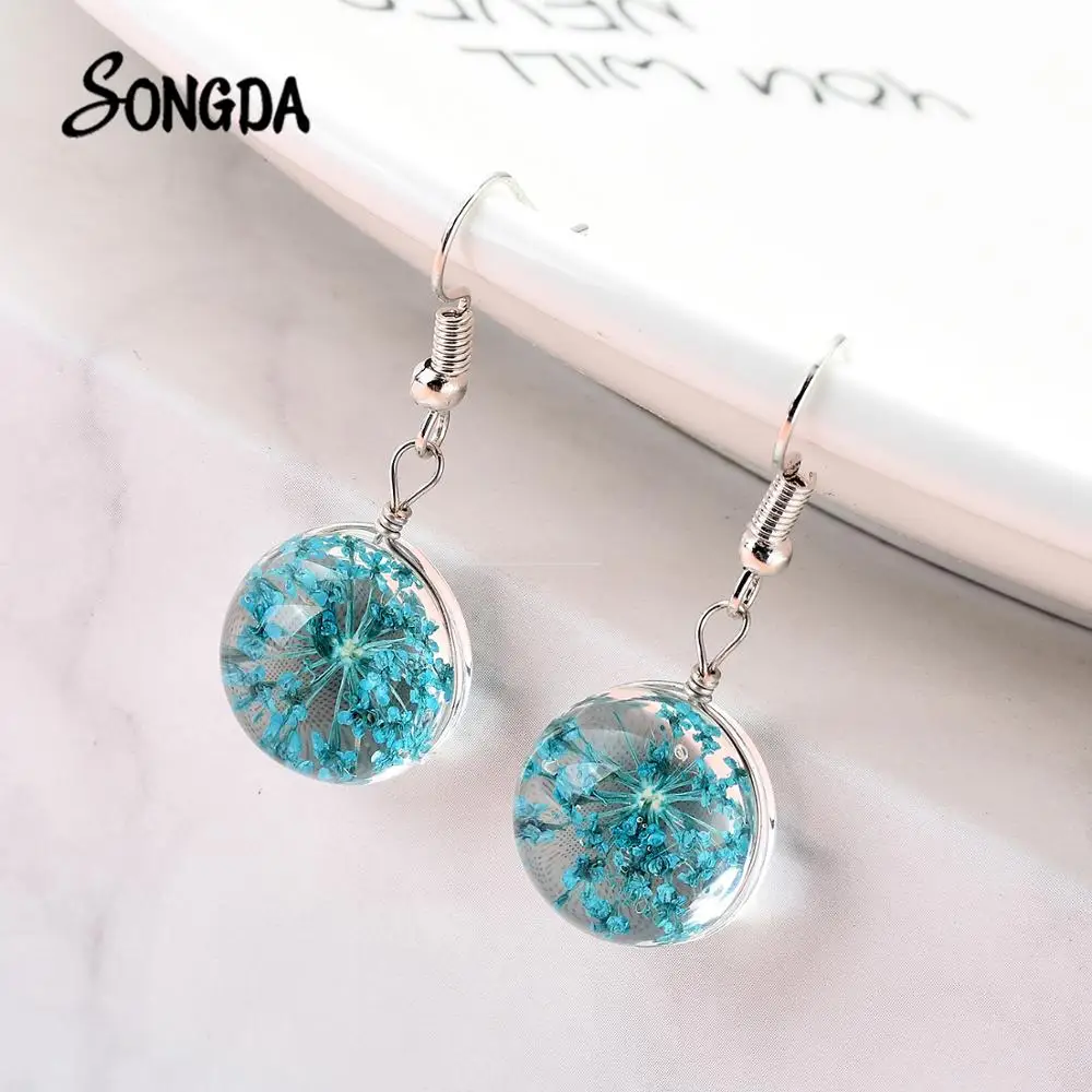 Натуральные сухие цветы длинные серьги в виде капель с сделанный вручную