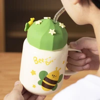 fruit mug beautiful ceramic water bottle with lid and straw in cartoon print niche instagram trend couple milk coffee cups