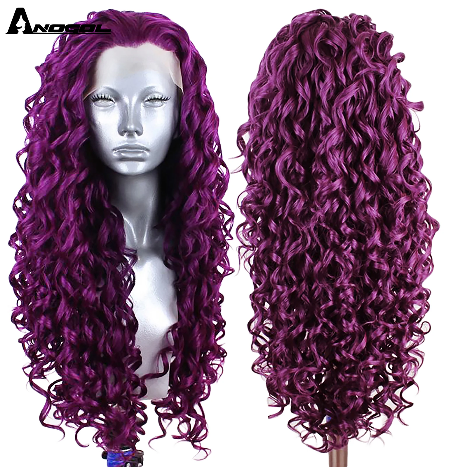 Anogol 13x2.5 Isla- Deep Purple Long Kinky Curly Free Part Synthetic Lace Front Wig For White Black Women High Temperature Fiber