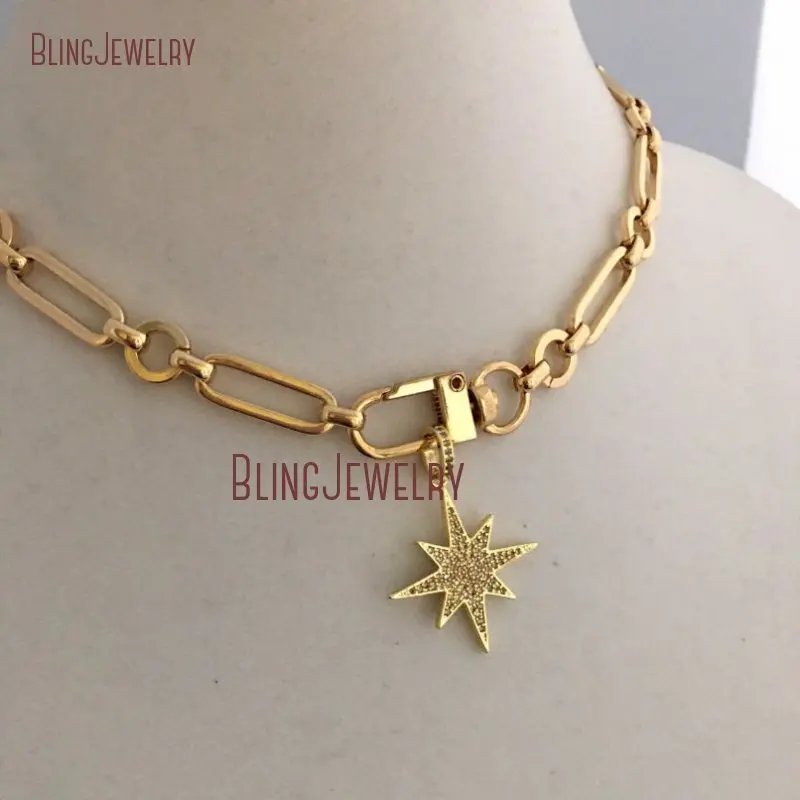 barato Nm35785 Ouro Cabo Corrente Colar Pave Estrela Pingente Chunky Gargantilha Mola Portão Fecho Corrente Charme Gargantilha