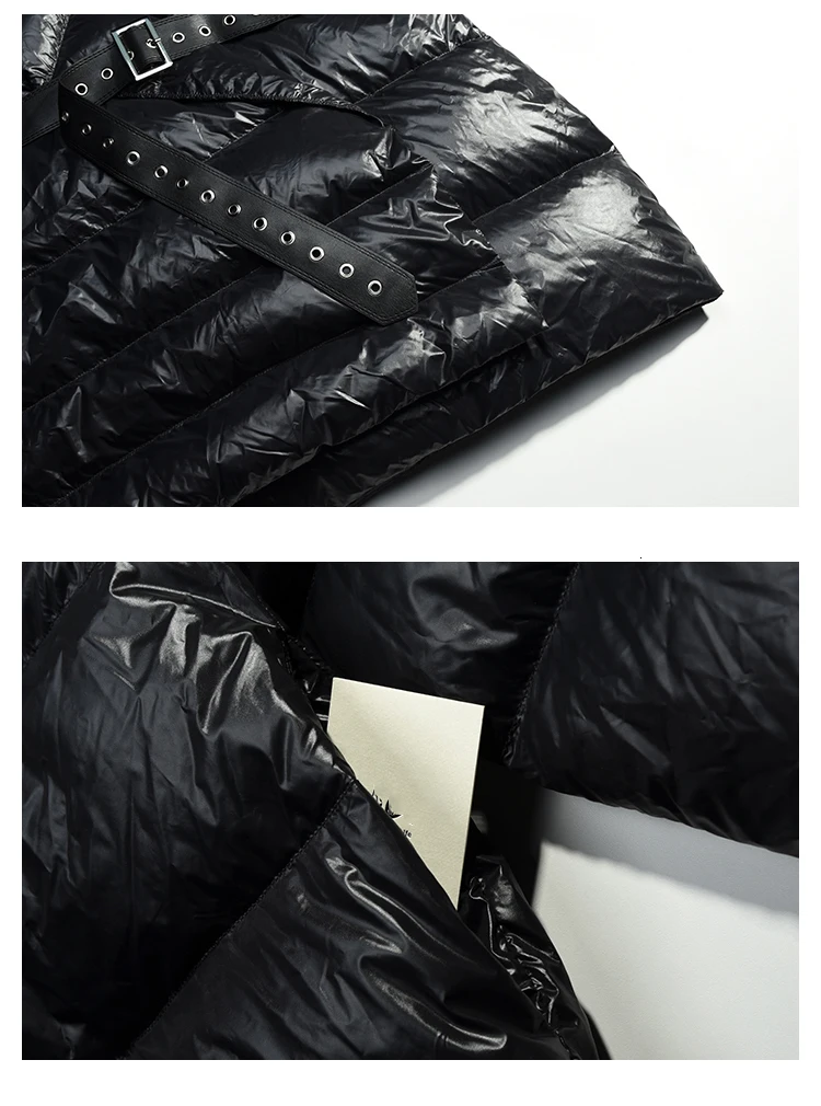 2019 Autumn Winter Woman New Black Long Sleeve Big Turn-down Collar Adjustable Waist Thick Irregular Down Jackets