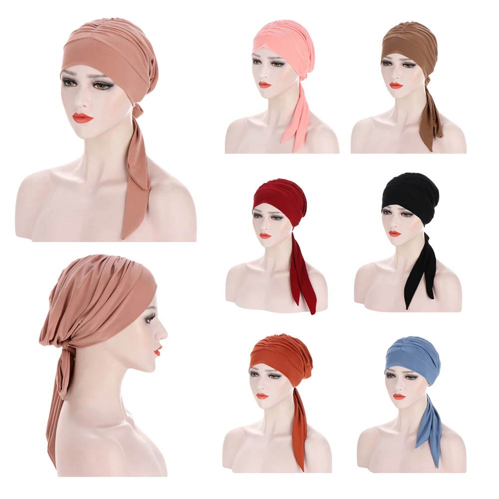 

Women Muslim Pre-Tied Hijab Cancer Chemo Cap Laides Hat Turban Cover Hair Loss Head Scarf Wrap Headwear Strech Bandanas Solid